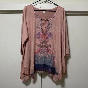 One World 3/4 length sleeves, asymmetrical, light mauve tunic, size XL